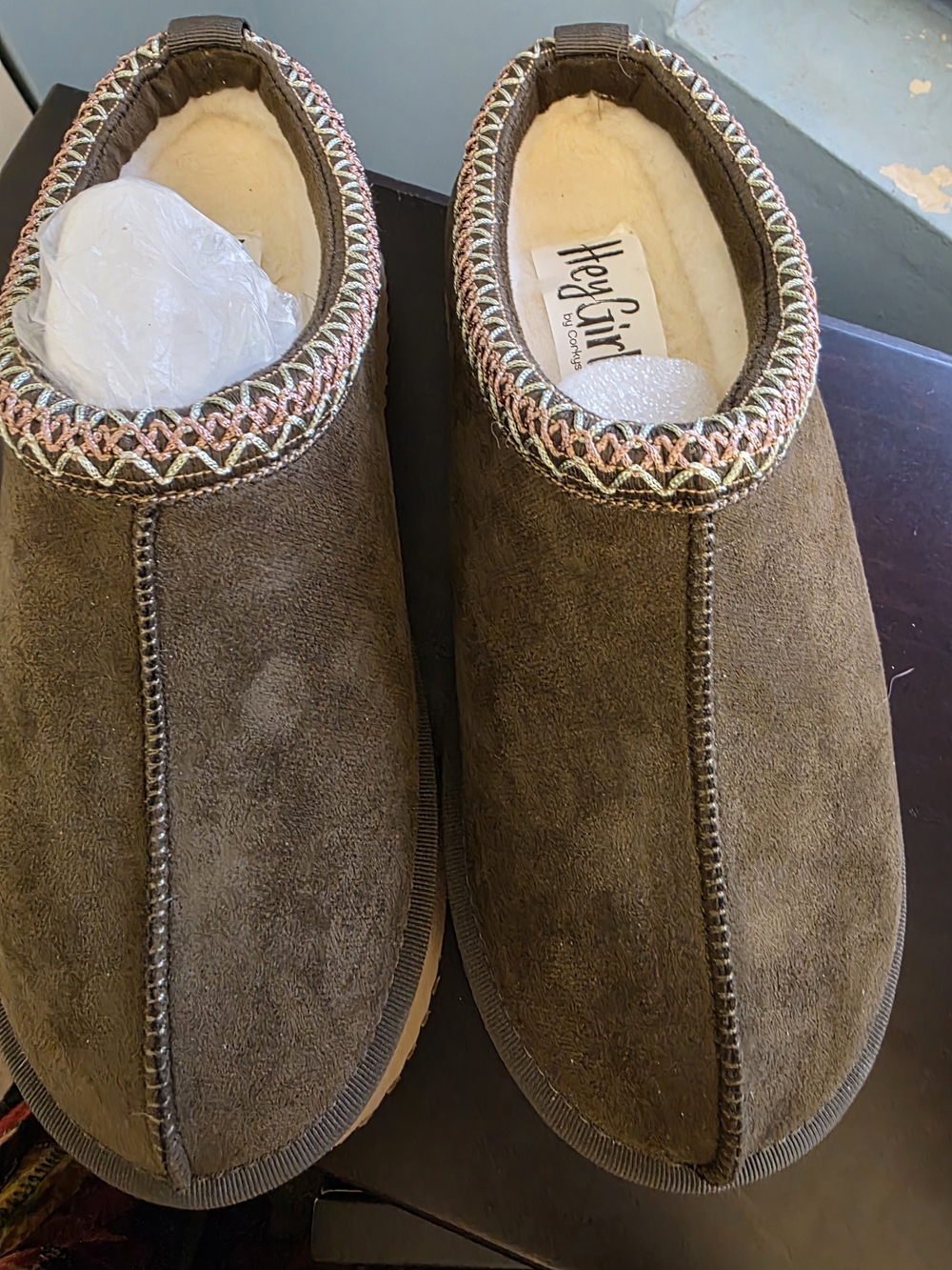 Hey Girl By Corkys Cozy Suede Slip-On Slippers in Olive Green